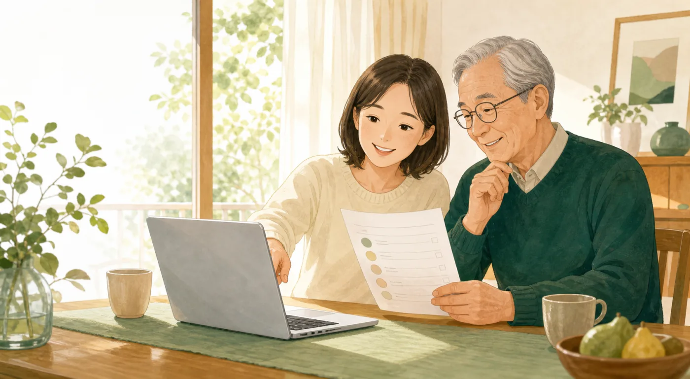 家族で介護施設の条件を整理している様子のイラスト